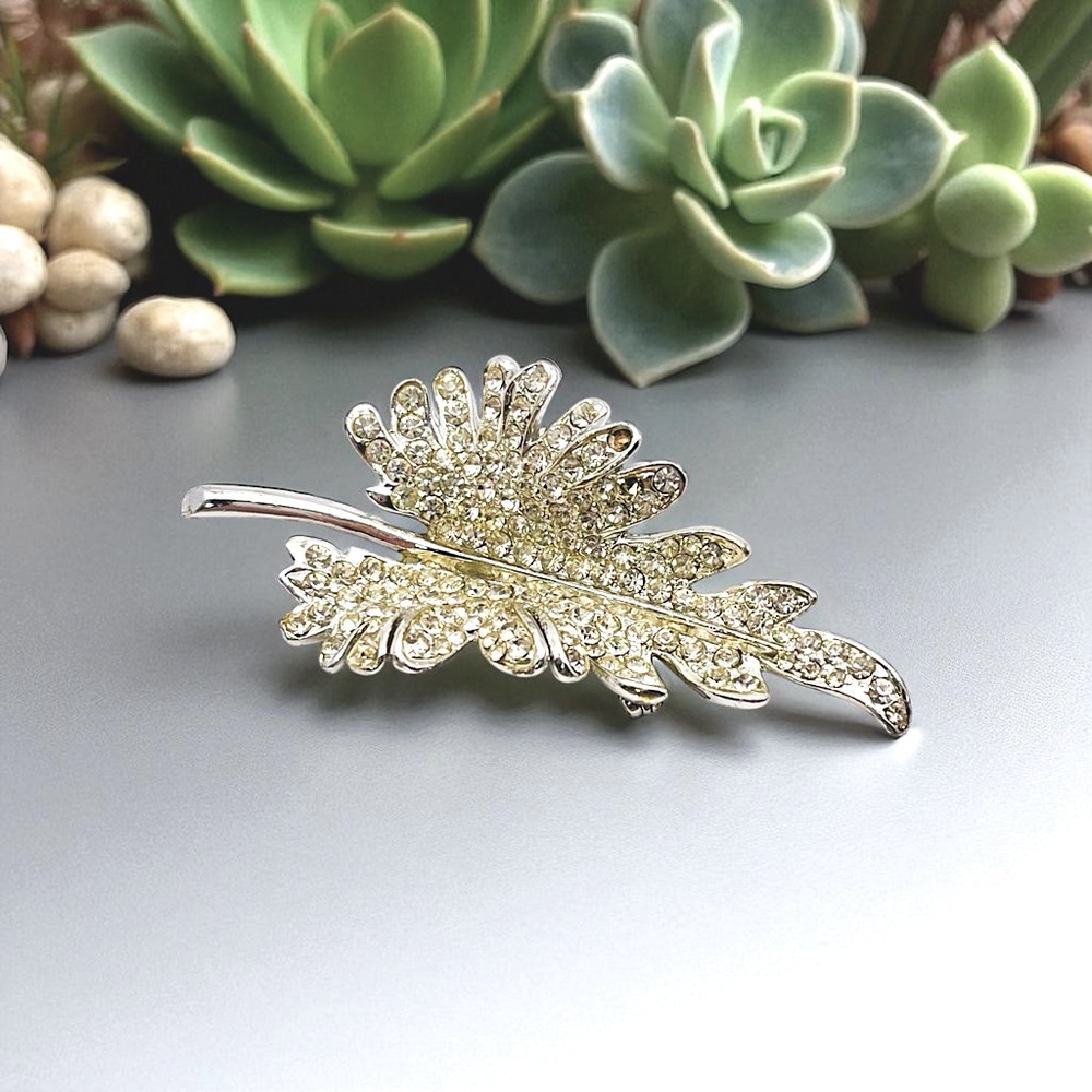 Dazzling Vintage Rhodium Leaf Brooch with Pave Rhinestones Estate Pc